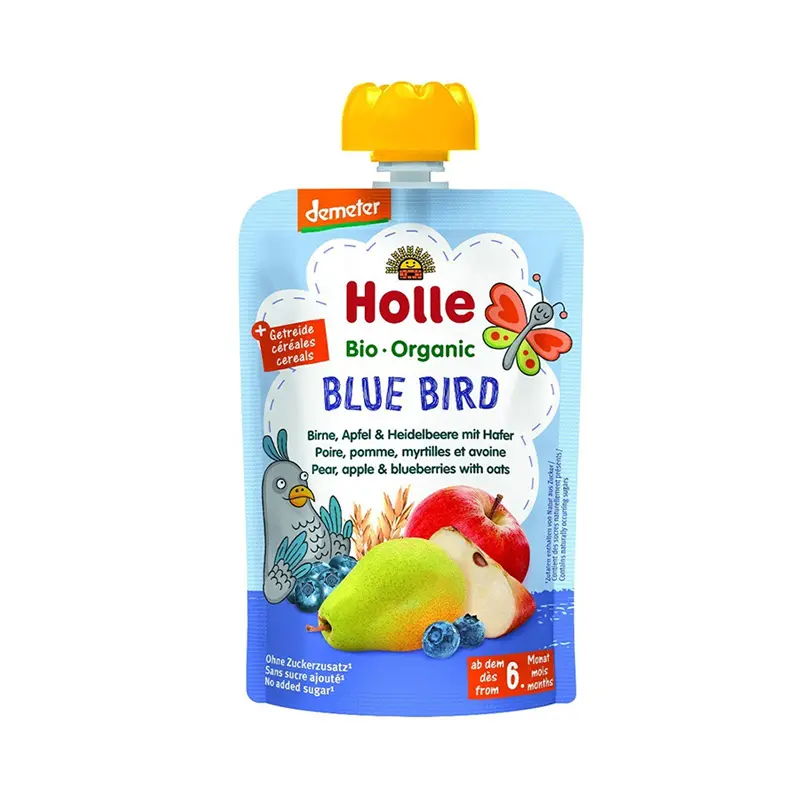 Holle – Blue Bird - Pure me mollë, boronicë, dardhë & tërshërë (6 m+)100 Gr