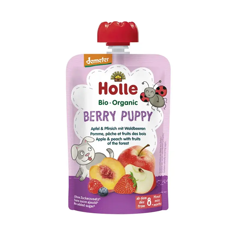 Holle – Berry Puppy - Pure me fruta pylli, pjeshkë & mollë (8 m+) 100 Gr