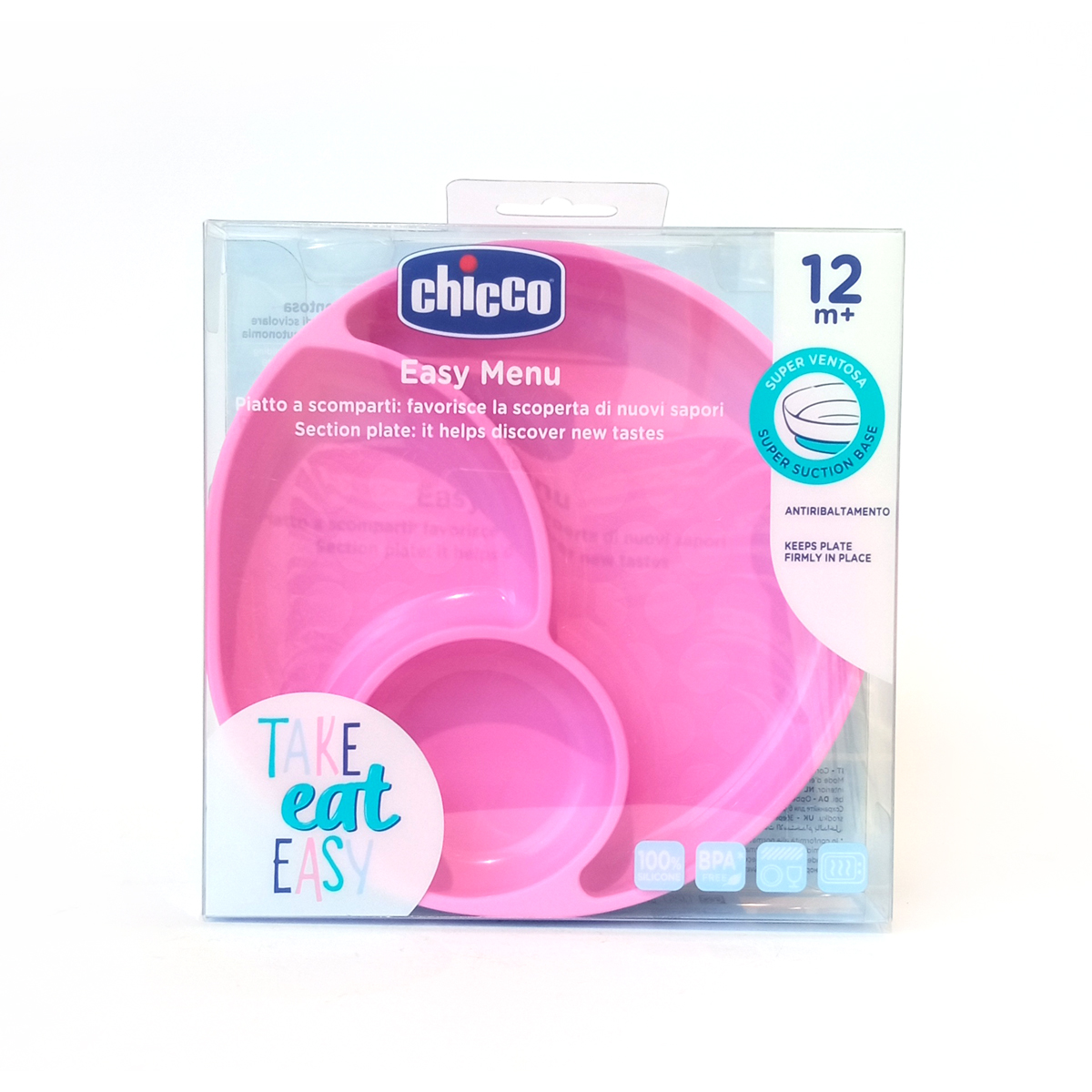Chicco - Pjatë Silikoni Me Ndarje Rozë (12 m+)