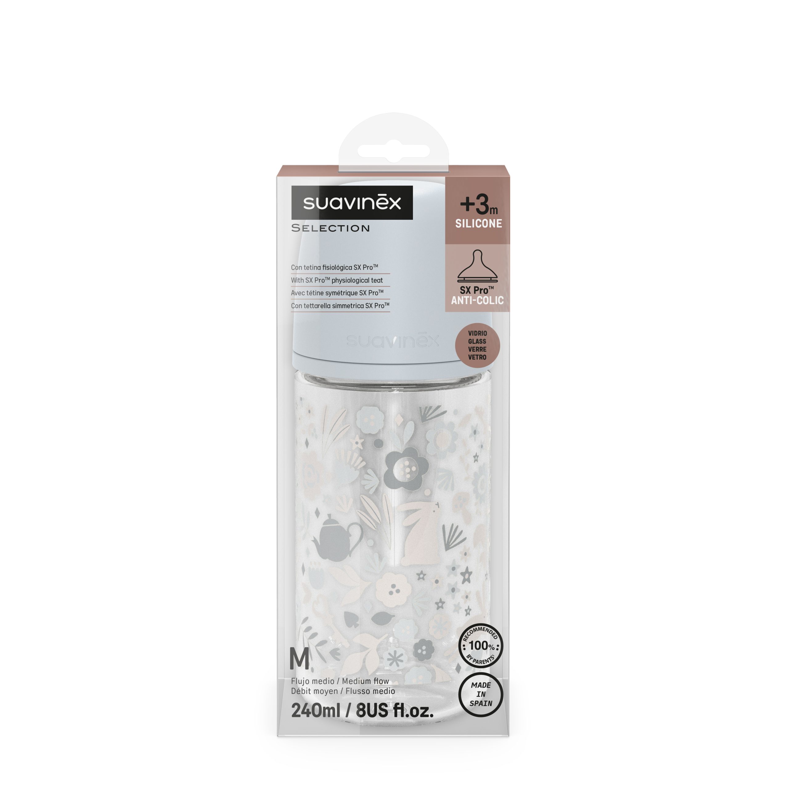 Suavinex – Wonderland – Silicon Glass Bottle M Mint (3 m+) 240 ML
