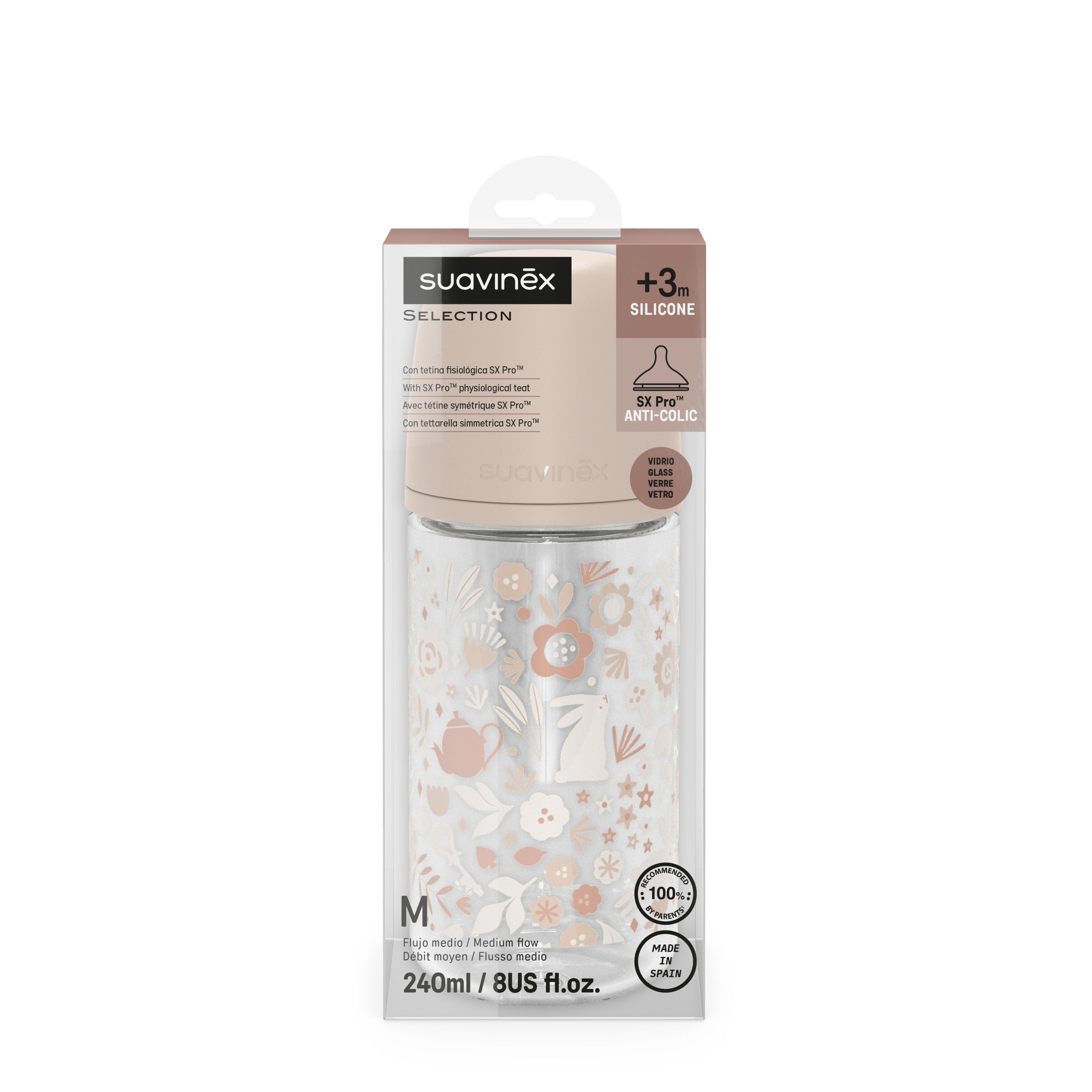 Suavinex – Wonderland – Silicon Glass Bottle M Pink (3 m+) 240 ML