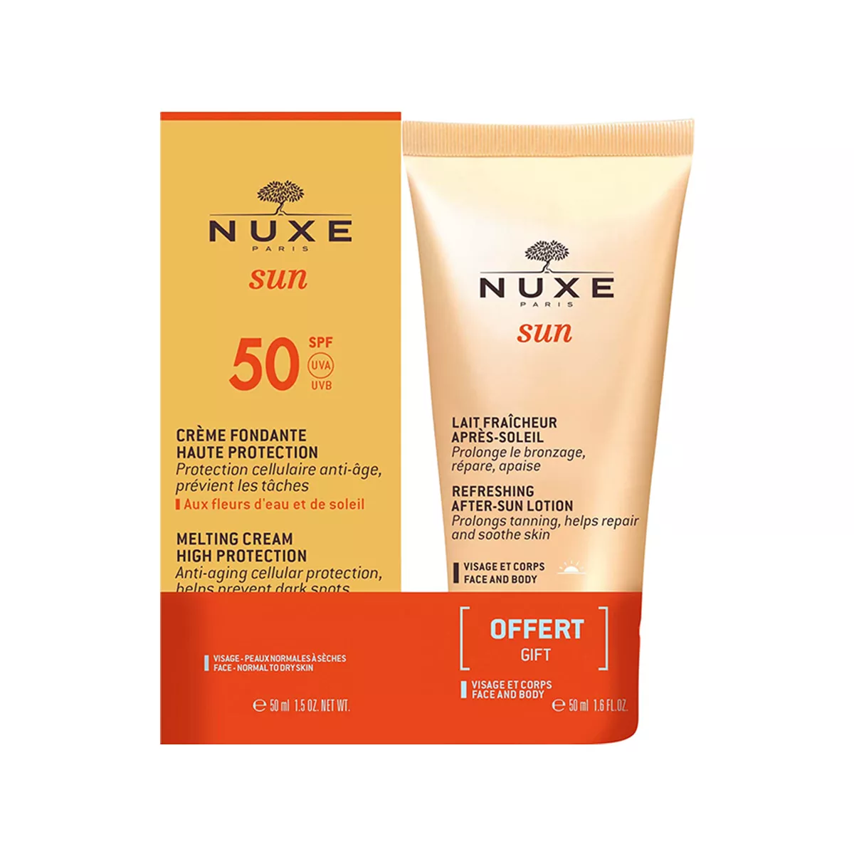 Nuxe - Sun Duo of High Protection SPF50 Melting Sunscreen for Face 50 ML & After-Sun Refreshing Lotion 50 ML